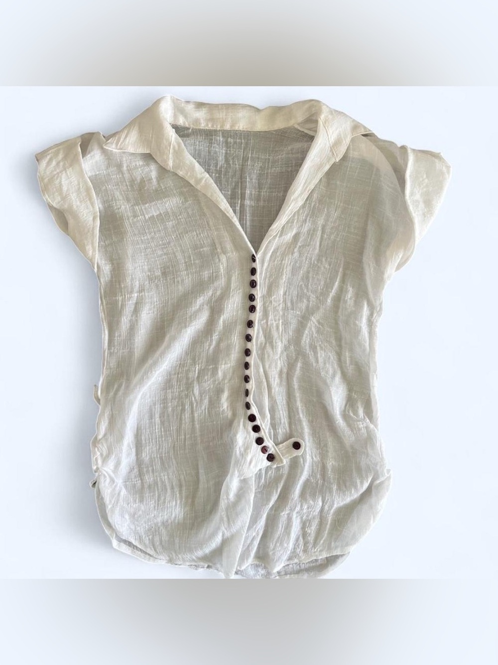 White linen button up blouse with black buttons  •Size medium - estimated tag is